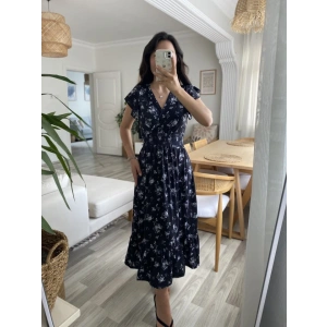 Kadın Kısa Kollu Kruvaze Yakalı Beli Lastikli çiçek Desenli Elbise