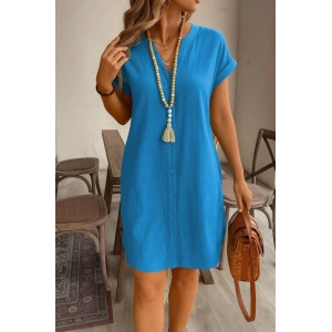 Kadın Kısa Kollu önden Düğmeli Ithal Keten Elbise