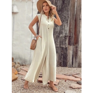 Kadın Kısa Kollu önden Düğmeli Paçaya Doğru Geniş Cepli Uzun Bürümcük Tulum