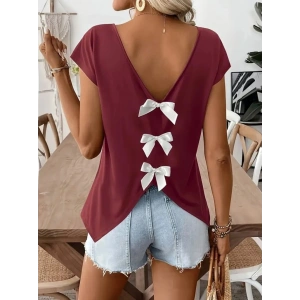 Kadın Kısa Kollu V Yakalı Arkadan Kurdele Detaylı Viskon Bluz