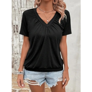 Kadın Kısa Kollu V Yakalı Büzgü Detaylı Viskon Bluz