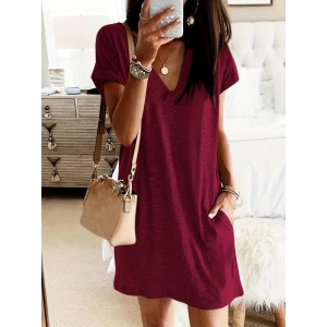 Kadın Kısa Kollu V Yakalı Cepli Kısa Viskon Elbise