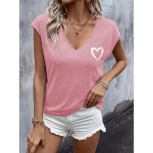 Kadın Kısa Kollu V Yakalı Kalp Baskılı Viskon Bluz