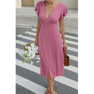 Kadın Kısa Kollu V Yakalı önden Düğmeli Bürümcük Midi Elbise