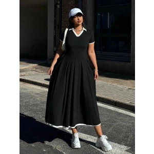 Kadın Kısa Kollu V Yakalı Pileli Uzun Janjan Krep Elbise