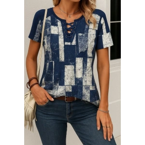 Kadın Kısa Kollu Yakası Bağcıklı Kuş Gözü Detay Süprem Bluz