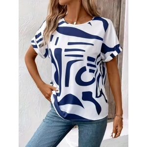 Kadın Kısa Kollu Yuvarlak Yaka Desenli Süprem Bluz
