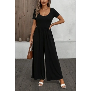 Kadın Kısa Kollu Yuvarlak Yaka Geniş Paçalı Bürümcük Tulum