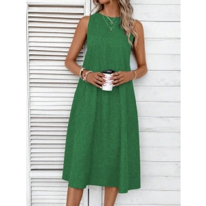 Kadın Kolsuz Bisiklet Yaka Cepli Midi Keten Elbise