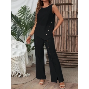 Kadın Kolsuz Düğmeli Asimetrik Detaylı Bürümcük Bluz Ve Pantolon Takım