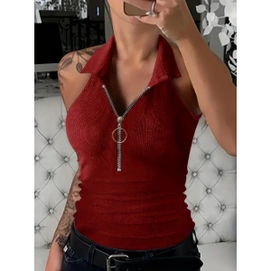 Kadın Kolsuz Polo Yaka önü Fermuarlı Kaşkorse Bluz