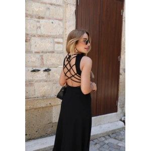 Kadın Kolsuz Sırttan çapraz Ip Detaylı Uzun Viskon Elbise