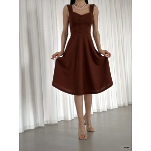 Kadın Krep Kumaş Askılı Kalp Yaka Düğme Detay idi Boy Elbise