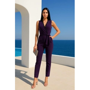 Kadın Kruvaze Yaka Dantel Güpür Ve Kuşak Detay Tulum