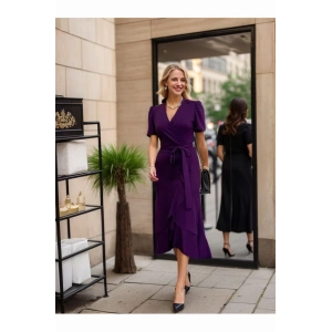 Kadın Kruvaze Yaka idi Boy Kuşaklı Krep Elbise 120 Cm