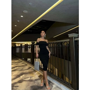 Kadın Madonna Yaka andy Kumaş Büzgü Detay Midi Boy Elbise