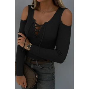 Kadın Omuzlardan Açık Uzun Kollu Bağcıklı Kaşkorse Bluz