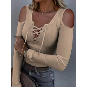 Kadın Omuzlardan Açık Uzun Kollu Bağcıklı Kaşkorse Bluz
