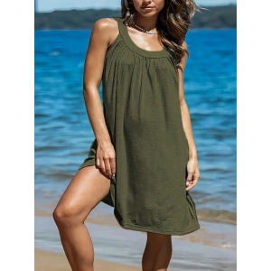 Kadın Omuzlardan Açık Yuvarlak Yaka Pileli Viskon Elbise