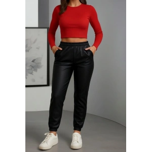 Kadın Paçası astikli Cep Detaylı Deri Tayt