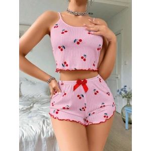 Kadın Pembe Kiraz Desenli Askılı Şortlu Pijama Takım 5044