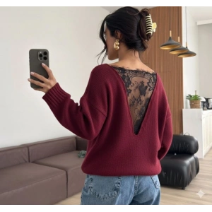 Kadın Sırtı Dantel Transparan Detay Triko Kazak