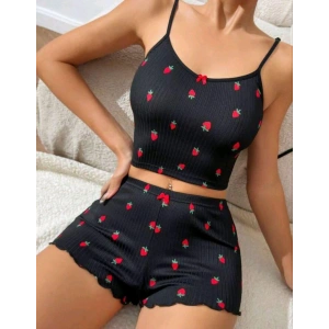 Kadın Siyah Çilek Desenli Seksi Gecelik Takım 5020