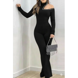 Kadın Tek Omuzdan Açık Balıkçı Yaka Taş Detaylı Uzun Ithal Krep Tulum