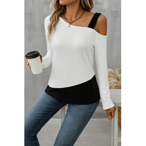 Kadın Tek Omuzu Açık Askılı çift Renkli Uzun Kollu Viskon Bluz