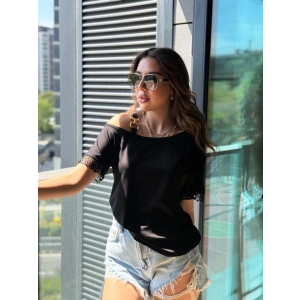 Kadın Tek Omuzu Askılı Kısa Kollu Toka Detaylı Dantelli Viskon Bluz