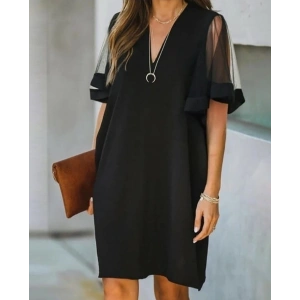 Kadın Tüllü Kısa Kollu V Yaka Krep Elbise