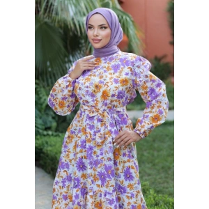 Kadın Uzun Çiçek Yaprak Desenli Belden Bağlamalı Elbise