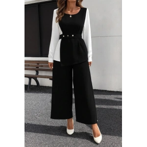 Kadın Uzun Kollu Açık Yakalı çift Renkli Kemerli Ithal Krep Ikili Takım