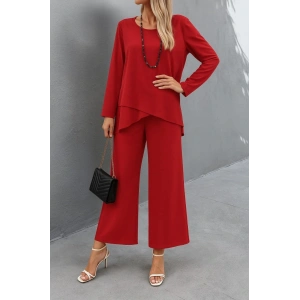Kadın Uzun Kollu Asimetrik Detaylı Salaş Sandy Bluz Ve Pantolon Ikili Takım