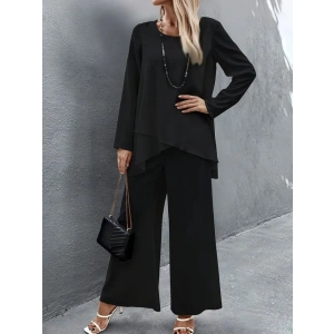 Kadın Uzun Kollu Asimetrik Detaylı Salaş Sandy Bluz Ve Pantolon Ikili Takım