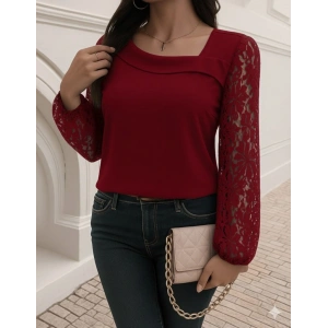 Kadın Uzun Kollu Asimetrik Yakalı Dantelli Ithal Krep Bluz