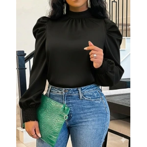 Kadın Uzun Kollu Balıkçı Yaka Arkadan Bağlamalı Omuzlardan Balon Ithal Krep Bluz