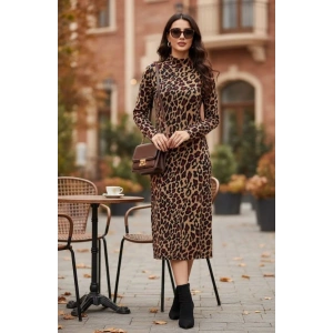Kadın Uzun Kollu Balıkçı Yaka eopar Desenli idi Boy Elbise