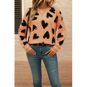 Kadın Uzun Kollu Bisiklet Yaka Kalp Desenli Iki Iplik Bluz