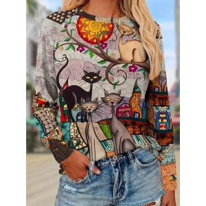 Kadın Uzun Kollu Bisiklet Yaka Kedi Baskılı Süprem Bluz
