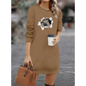 Kadın Uzun Kollu Bisiklet Yaka Kısa Viskon Iki Iplik Elbise