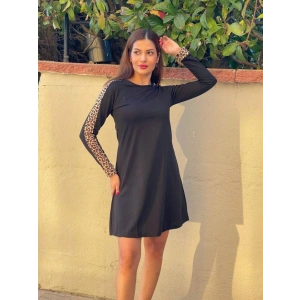 Kadın Uzun Kollu Bisiklet Yaka Kollar Leopar Detay Iki Iplik Mini Boy Elbise