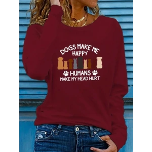 Kadın Uzun Kollu Bisiklet Yaka Köpek Resimli Viskon Bluz