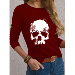 Kadın Uzun Kollu Bisiklet Yaka Kurukafa Desenli Viskon Bluz