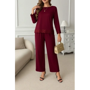 Kadın Uzun Kollu Bisiklet Yaka Pulpayetli Viskon Iki Iplik Bluz Ve Pantolon Ikili Takım