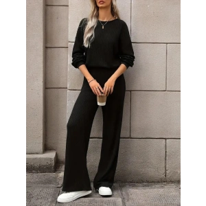 Kadın Uzun Kollu Bisiklet Yaka şardonlu Dalgıç Bluz Ve Pantolon Ikili Takım