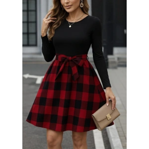 Kadın Uzun Kollu Bisiklet Yaka üst Viskon Alt Ekose Kısa Elbise