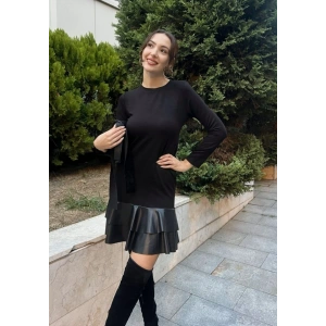 Kadın Uzun Kollu Bisiklet Yaka üst Viskon Etek Ucu Deri Kısa Elbise