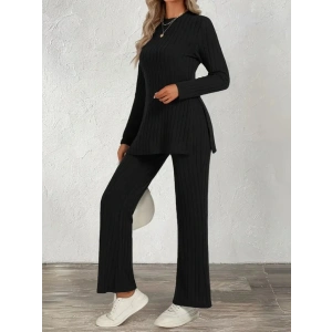 Kadın Uzun Kollu Bisiklet Yaka Yandan Yırtmaçlı şardonlu Kaşkorse Bluz Ve Pantolon Ikili Takım