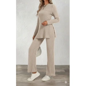 Kadın Uzun Kollu Bisiklet Yaka Yandan Yırtmaçlı şardonlu Kaşkorse Bluz Ve Pantolon Ikili Takım